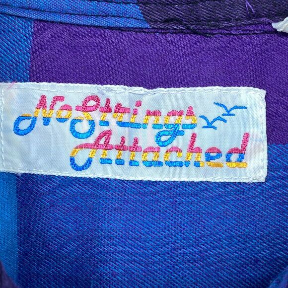 NO STRINGS ATTACHED Shirt Womens S Plaid Button Front Long Sleeve Blue Vtg 80s - Picture 8 of 12
